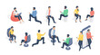© Дмитрий Муску - Set of vector isometric icons with modern men and women interacting and using gadgets while sitting on different seats isolated on white background