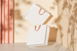 Two white paper bags with pink handles floating in the air on a beige background with curtains. Mock up. 3d rendering