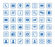 Set of 42 solid contact icons in square shape. Blue vector symbols.