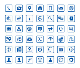 Leinwandbilder - Set of 42 solid contact icons in square shape. Blue vector symbols.