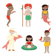 Personagens de lendas e Folclore Brasileiro - Saci Perere, Curupira, Iara, Boto Rosa, Vitoria-Regia e Uirapuru - Ilustração Vetor