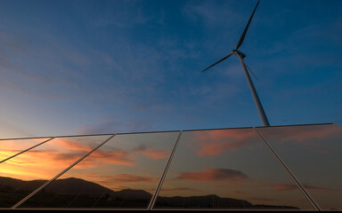 Wall Mural - Beautiful sky at sunrise reflecting in photovoltaic panels