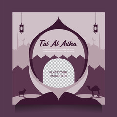 Wall Mural - Happy Eid al adha social media post greeting and promotion with modern purple color. Vector illustration islamic background with beautiful mosque design