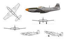 P-51D Mustang WWII Fighter Aircraft. Vector Illustration In Black And White Line Drawing. Color Side Profile.