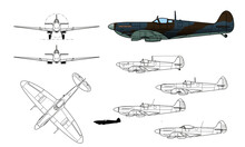 Supermarine, Spitfire, WWII Fighter Aircraft. Vector Illustration In Black And White Line Drawing. Color Side Profile.