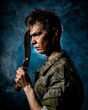 © ISliM - Portrait of a soldier in scars and combat coloring, holding a machete on a black background
