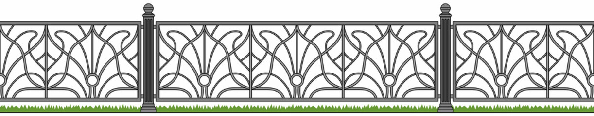 Wall Mural - Iron railings for the city. Art Nouveau. Blacksmithing. Balcony. Terrace. Facades. Handrails. Modern architecture. Seamless template for architectural projects. Iron fence. Isolated. White background.