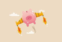 Boost Financial Earning Or Income, Get Rich Fast Or High Growth Investment, Business Opportunity Or Salary Rising Up Concept, Pink Piggy Bank With Rocket Booster Wing Flying Fast High Up In The Sky.
