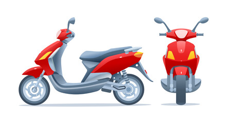 Red scooter, two views, frontal and side, isolated on a white background. Motorcycle front and side view. Vector illustration