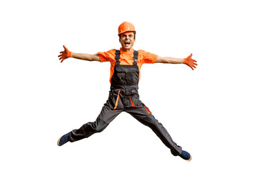 Wall Mural - Young happy laughing caucasian man builder construction worker in a safety helmet is jumping on white background isolated.