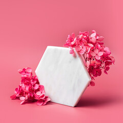 Wall Mural - Marble  hexagon on pink background with flowers. Stylish background for presentation.