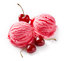 Aufkleber - Cherry ice cream with cherry berries on white background. Ice cream with cherry sauce isolated for package of ice cream.