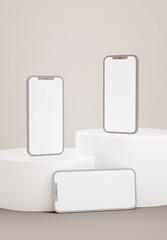 Phones mockup blank screen on platforms for app ui ux design. Application interface and web design presentation concept in 3D rendering