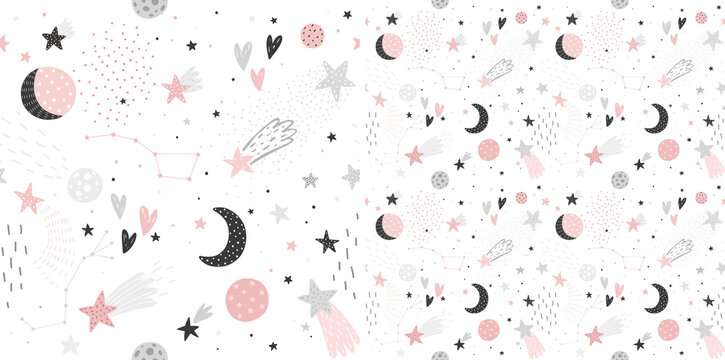 Fototapete - Space Dreams childish seamless hand drawn pattern with moon and stars.