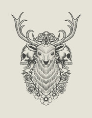 Wall Mural - illustration vintage deer head with skull and rose flower