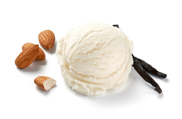 Aufkleber - Scoop of vanilla ice cream with almonds on white background. Ice cream with vanilla isolated. Ice cream for package design.