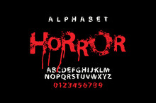 HORROR Lettering In Scary Dripping Bloody Letters. Scary Font For Headline, Poster, Label. Spotted Alphabet, Vector Set Of White And Red Alphabet Letters And Numbers On A Black. Halloween Party Style