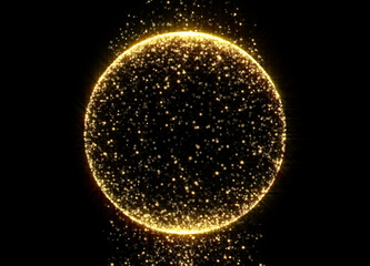 Wall Mural - Gold glitter circle sphere with glittering light shine sparkles on black background. Sparkling magic glow ball of gold shimmering confetti and glowing particles sparkles