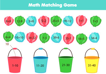 Mathematics children educational game. Summertime beach theme Matching activity. Study addition and subtraction for kids and toddlers