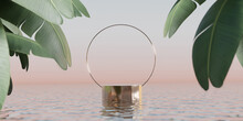 3D Podium Display, Ocean View. Pastel Sunrise Background With Palm Leaf And Water. Cosmetic, Beauty Product Promotion Mockup. Nature Shadow, Step Pedestal. Summer Minimal Banner 3D Render Illustration