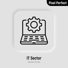 Wall Mural - it sector thin line icon. open laptop with cogwheel. settings, software service, update, configurati