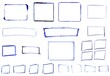 Sammlung von handgemalten blauen Rahmen auf weißem Hintergrund