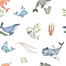 Sea Animals Watercolor Illustration Seamless Pattern 