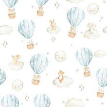 Hot Air Balloon  Watercolor Woodland Animals  Seamless Pattern Illustration