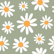 Spring Daisies Floral Retro Pattern. Large Scale Daisy / Chamomile Flowers On Olive Sage Green Khaki Background. Trendy Bohemian Indie Style Girly Illustration Print. Seamless Pattern Vector.