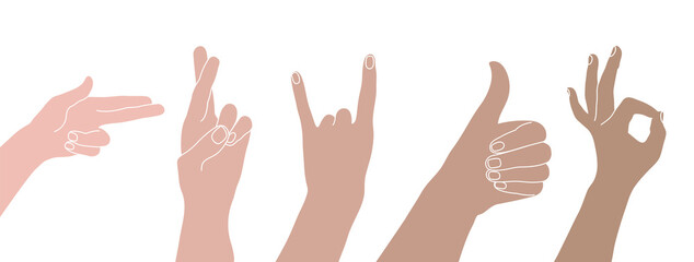 Different gestures of hands with fingers on a white background. Vector set of hands with different skin tones, showing that everything is ok, shooting like a pistol, fingers crossed.