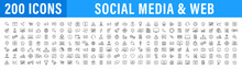Set Of 200 Media And Web Icons In Line Style. Data Analytics, Digital Marketing, Management, Message, Phone. Vector Illustration.