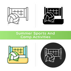 Poster - Beach volleyball icon. Team sport. Sand-based court divided by net. Outdoor playing conditions. Moving and jumping in sand. Linear black and RGB color styles. Isolated vector illustrations