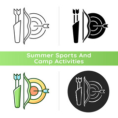 Sticker - Archery icon. Using bow to shoot arrows. Hunting and recreational activity. Hitting target from distance. Competitive sport. Linear black and RGB color styles. Isolated vector illustrations