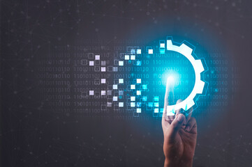 Wall Mural - digital transformation and metaverse concept. hand touching modern interface futuristic blue gear di