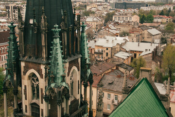 Domes of the Church of Saints Olga and Elizabeth and a view of the city Lviv from above