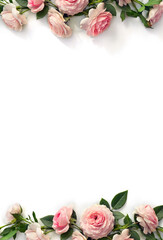 Wall Mural - frame of flowers pink roses with leaves on a white background with space for text. top view, flat la