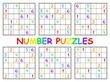 Six sudoku games six by six for children vector illustration. Educational logical game with numbers from 1 to 6. Complete the number puzzles - full every lines and rectangles by numbers from 1 to 6