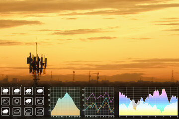  Weather forecast symbol with dramatic silhouette of communication tower on suburb area at twilight time for meteorology presentation and report background.