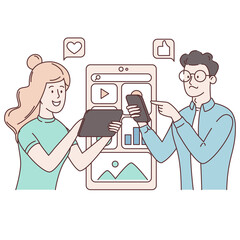 Users testing the mobile app. Software architecture abstract metaphor. Mobile app development process. Abstract concept flat illustration. Experience design, mobile app, user interface.