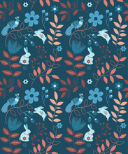 Vector Seamless Pattern Of Ethnic Stylized Bird, Rabbits And Nature In Orange And Blue Palette On Dark Blue Background, Contrast Colours
