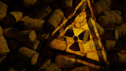 Wall Mural - radioactive waste in a pile of barrels, background