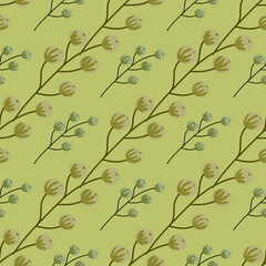 Decorative forest nature seamless pattern with beige and green berry silhouettes. Light green background.