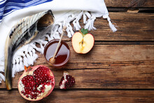 Honey, Pomegranate, Apples And Shofar On Wooden Table, Flat Lay With Space For Text. Rosh Hashana Holiday