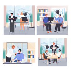 Wall Mural - Conflict situations at work concept scenes set. Angry boss yells at employee, colleagues argue. Stress at office. Collection of people activities. Vector illustration of characters in flat design