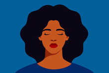 Sad Black Woman With Closed Eyes On A Blue Background. Portrait Of Weeping Girl Emotions Grief. Unhappy African American Female Feels Depression. Mental Health Concept. Vector Illustration