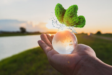 Poster - Globe glass on hand with sunrise