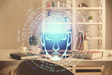 Double exposure of brain drawing and office interior background. Concept of data technology.