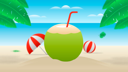 Wall Mural - Summer beach with coconut drink, balloon and umbrella. Background Illustration.