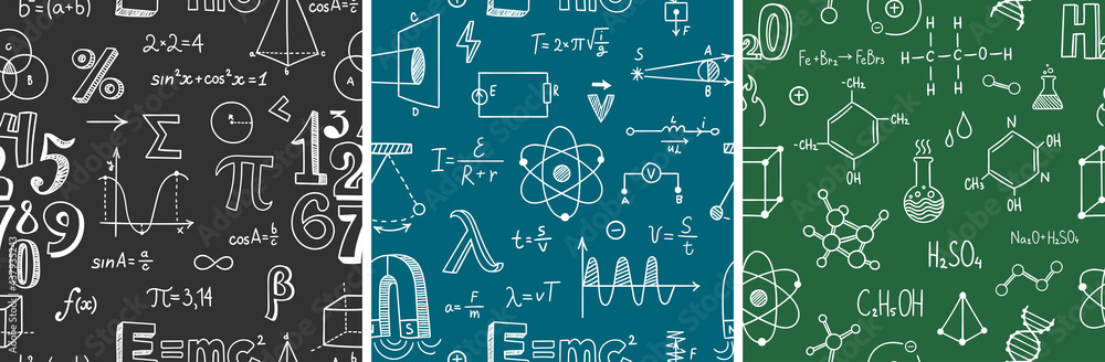 Seamless pattern with school subjects - math, physics, chemistry. Blackboard inscribed with scientific formulas. Back to school background set. Chalk doodle style. Vector illustration - obrazy, fototapety, plakaty 
