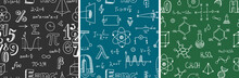 Seamless Pattern With School Subjects - Math, Physics, Chemistry. Blackboard Inscribed With Scientific Formulas. Back To School Background Set. Chalk Doodle Style. Vector Illustration
